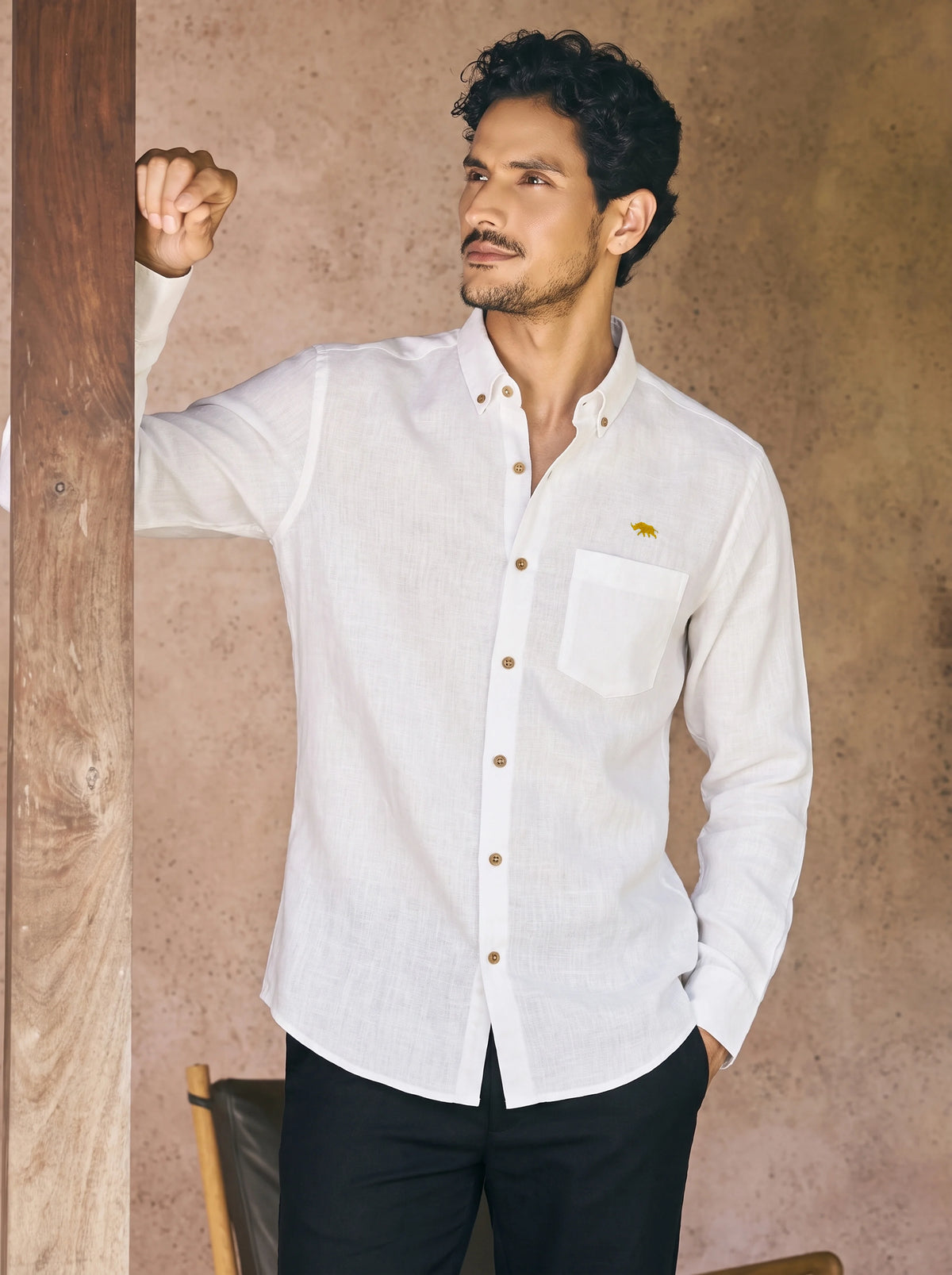 White  Linen Blend Shirt for Men – Button Down Casual Long Sleeve Shirt