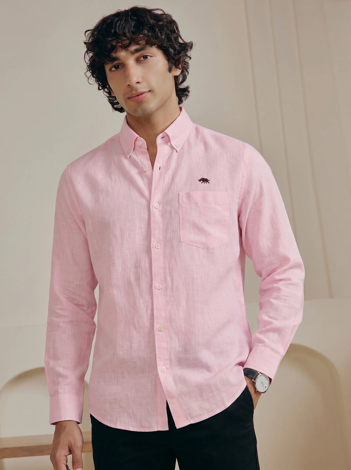 Light Pink Cotton Linen Shirt for Men Full Sleeve Formal Wear