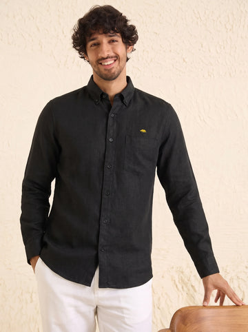 Black Cotton Linen Button Down Shirt for Men – Long Sleeve Casual Wear