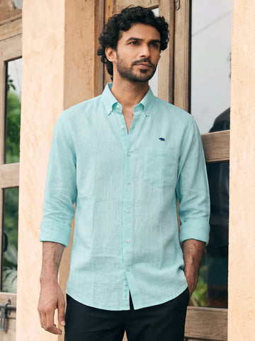 Turquoise Blue Pure Linen Shirt With Long Sleeve