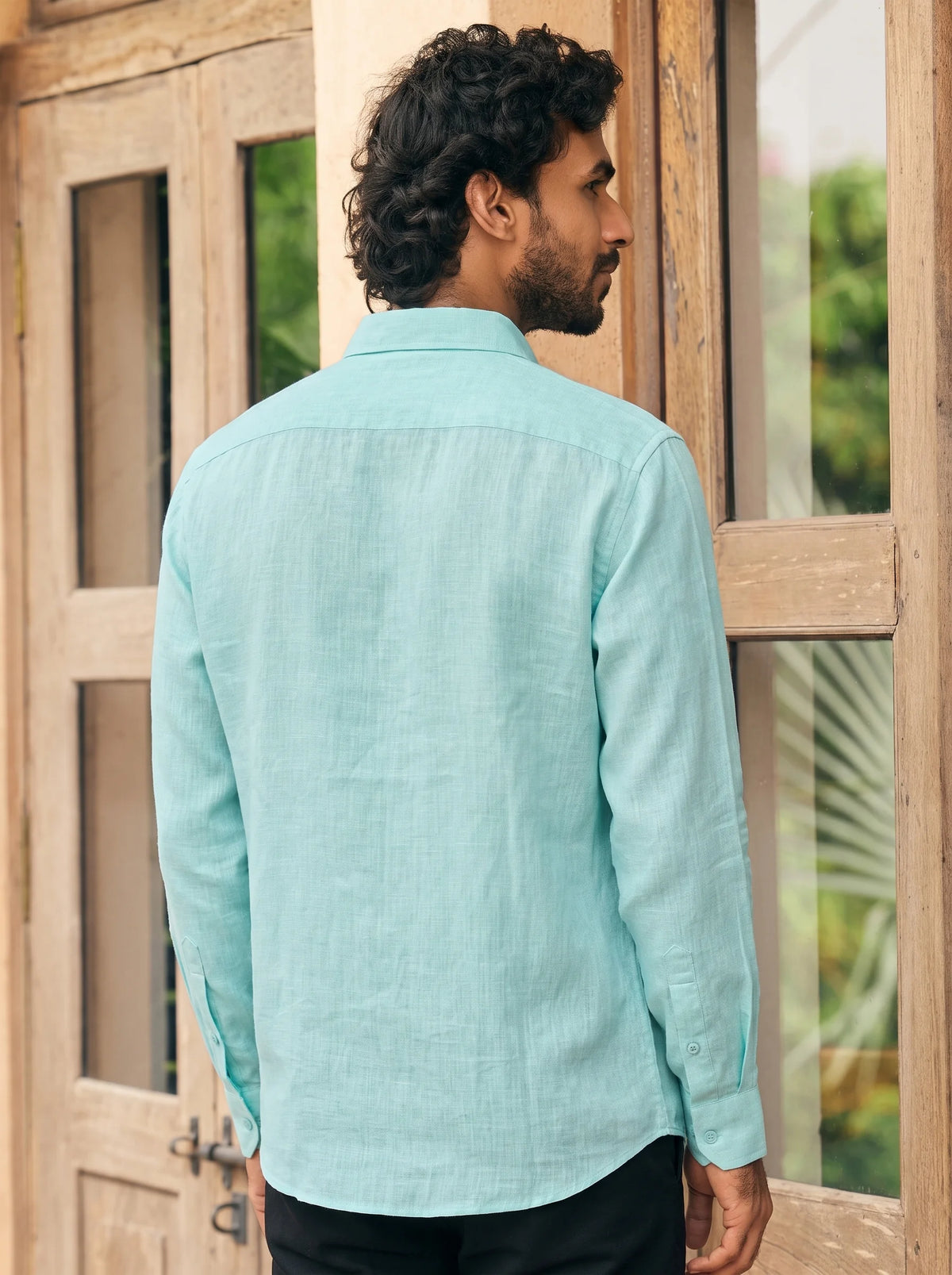 Turquoise Blue Pure Linen Shirt With Long Sleeve