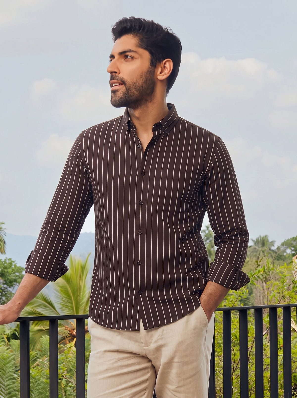 Brown Striped Premium Hemp Button Down Shirt for Men – Long Sleeve Casual Wear