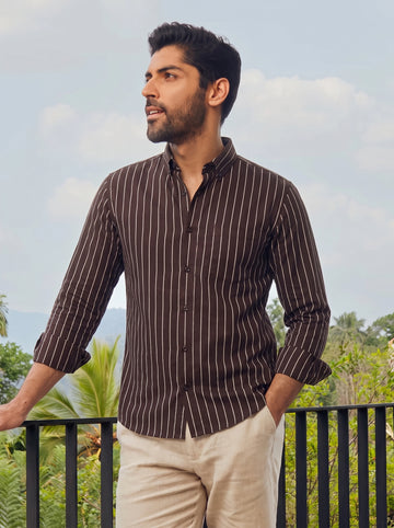 Brown Striped Premium Hemp Button Down Shirt for Men – Long Sleeve Casual Wear
