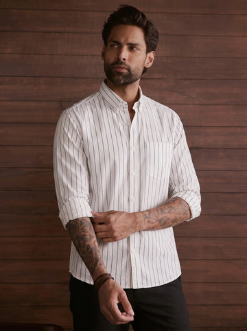 White Striped Premium Hemp Button Down Shirt for Men – Long Sleeve Casual Wear