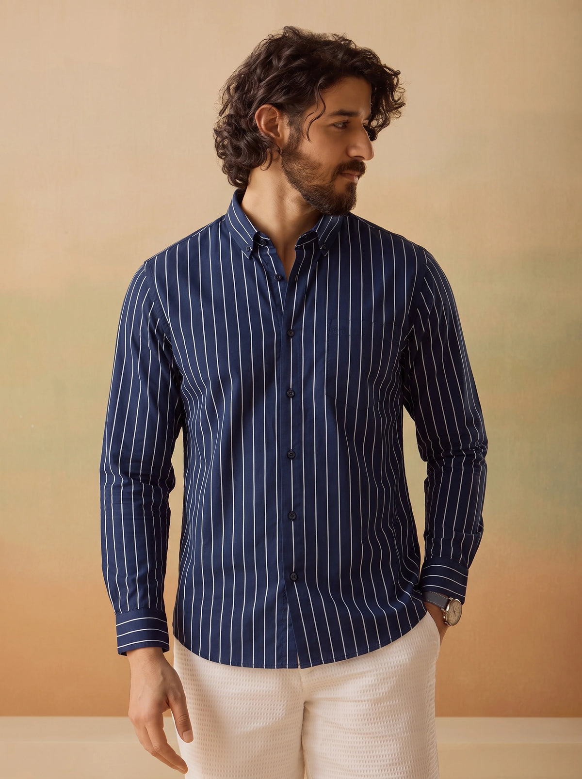 Navy Blue Striped Premium Hemp Button Down Shirt for Men – Long Sleeve Casual Wear